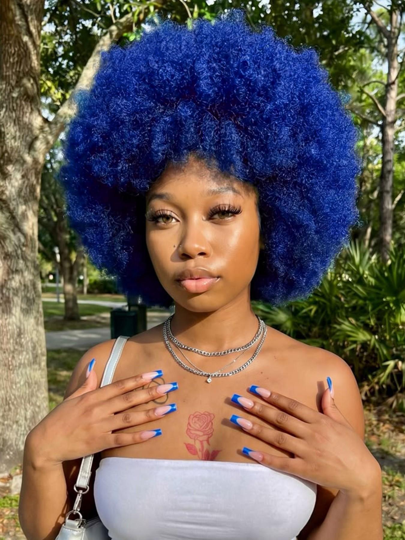 Bright Blue Fluffy Afro Synthetic Wig With Bangs High Temperature Fiber Short Kinky Curly Full Wig 70s Retro Style Afro Wigs For Cosplay Party Festival Photoshoot