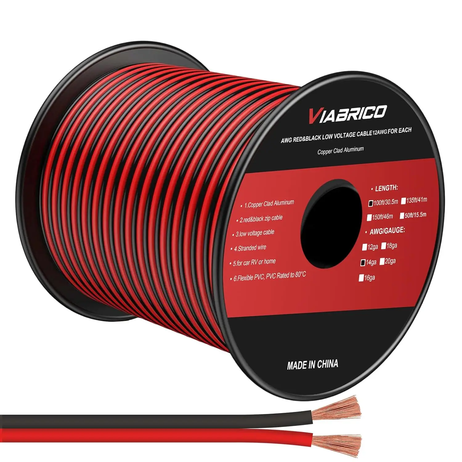 14AWG 100FT Electrical Wire Cable 2 Conductors Red Black Hookup LED Lighting Strips Flexible Extension Cord 14Gauge Copper Clad Aluminum 12V/24V DC