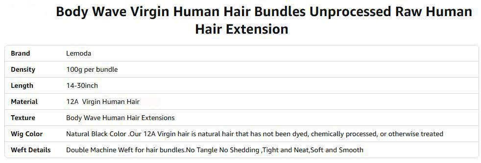 Lemoda 12A Virgin Human Hair Bundles Unprocessed Raw Hair Extensions Natural Black Thick Ends Body Wave Weave Bundles for Any Occasions