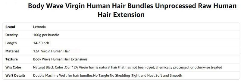Lemoda 12A Virgin Human Hair Bundles Unprocessed Raw Hair Extensions Natural Black Thick Ends Body Wave Weave Bundles for Any Occasions Lemoda 12A Virgin Human Hair Bundles Unprocessed Raw Hair Extensions Natural Black Thick Ends Body Wave Weave Bundles for Any Occasions