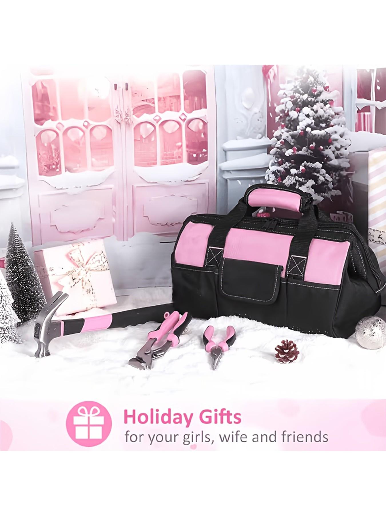 1pc Pink tool kit featuring a zipper-style wide opening design, made of polyester fabric for durability. (Tools not included)