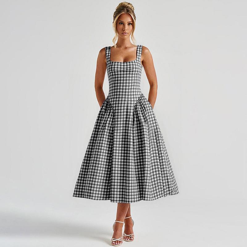 Plaid A-Line Midi Dress for Women's Summer Outfit Adjustable Strap Bodycon Top Flared Hem Casual Elegant Beach Holiday Party Club Dating Dresses