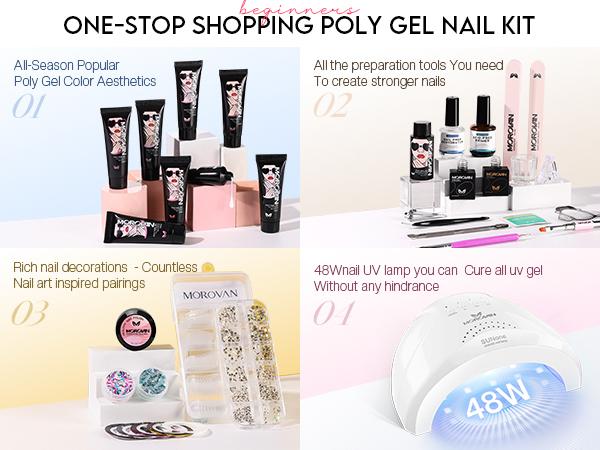 MOROVAN 8 Colors Poly Gel Nail Starter Kit - with U V Lamp 48W Complete Poly Gel Kit for Beginners with Everything Professional