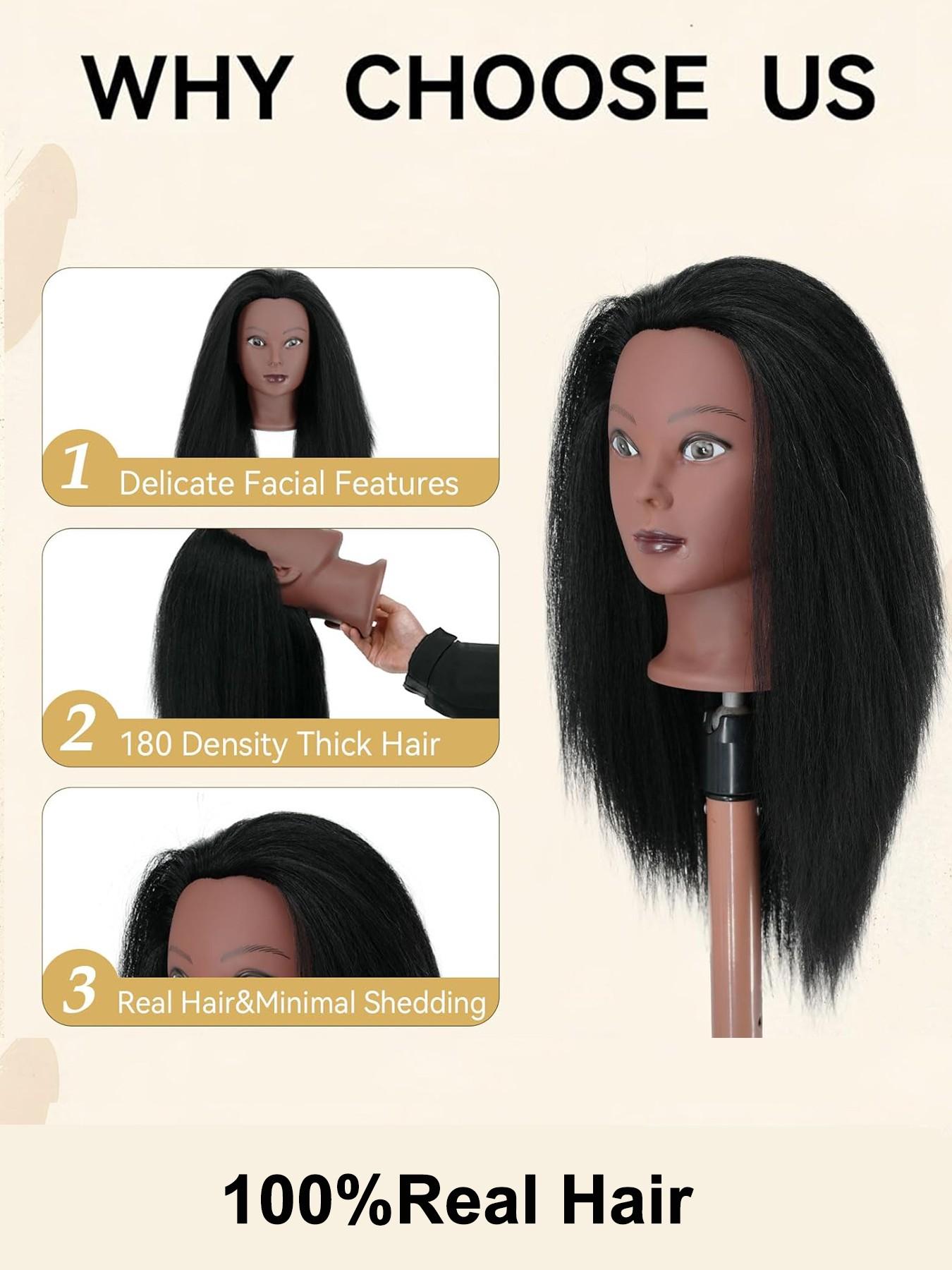 16 Inch 100% Real Hair Mannequin Head, Training Head Manikin for Cosmetology, Hairdresser Practice, Braiding & Styling with Clamp Stand