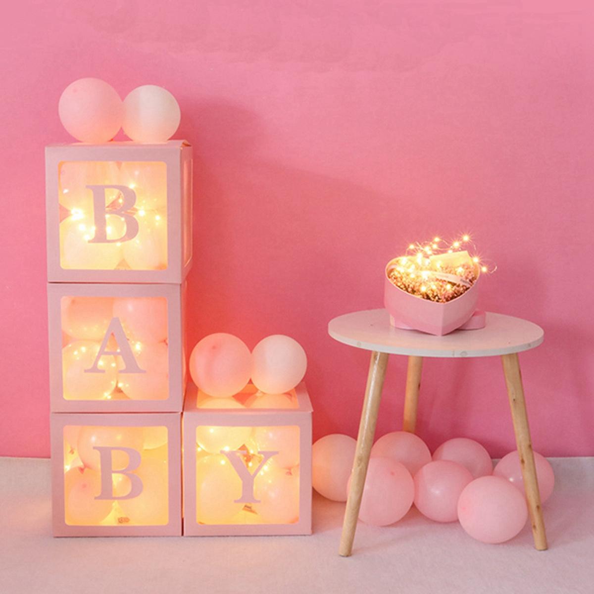 Baby Paper Balloon Box Baby Boxes With 4 pcs Letters,White Clear Balloon Box Blocks for Baby Shower Gender Reveal Decoration,Kids Birthday Party Decor