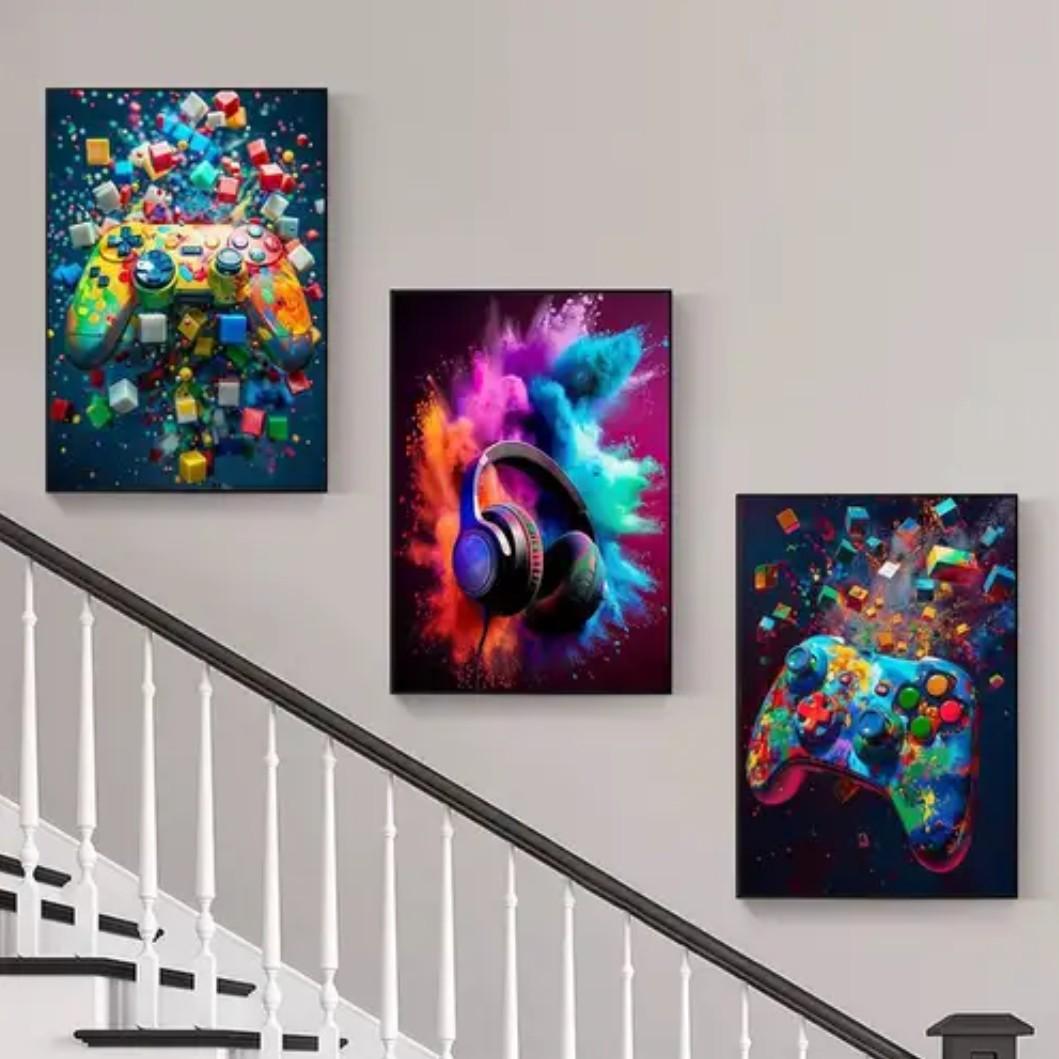 3-piece Color Game Art Set with Optional Wooden Frame Decoration - Vibrant Playstation Controller, Colorful Explosive Headphones, and Xbox Controller with Modern Dynamic Game Decoration, Perfect for Gaming Rooms or Teenage Bedrooms