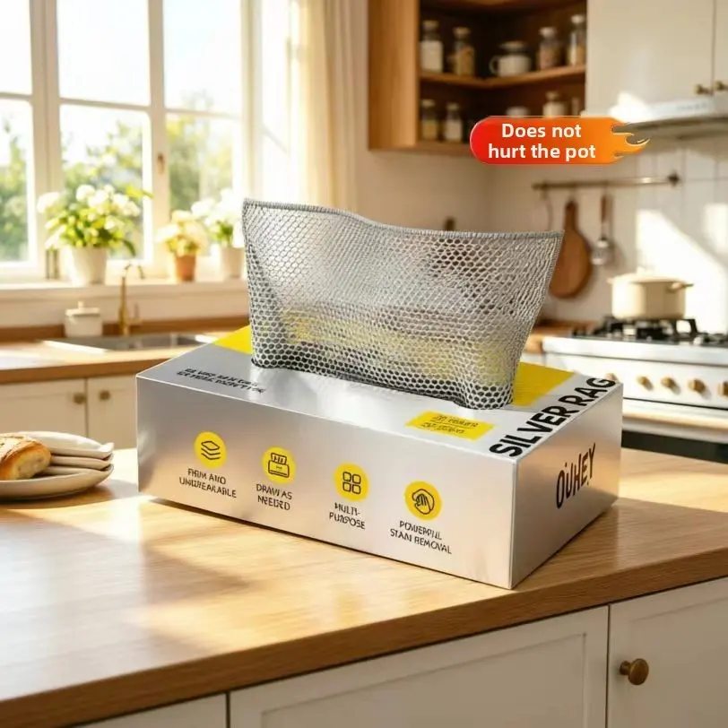 Boxed Silver Wire Cleaning Cloth for Kitchen, Pull-Out Type, Household Dishwashing Metal Wire Double-Layer Thick Silver Wire Cleaning Cloth
