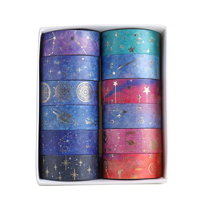 Starry Sky Themed Washi Tape Set for Gift, 12 Rolls/box Handbook DIY Decoration Aesthetic Sticker, Scrapbooking & Journal Making Material Gift for Student