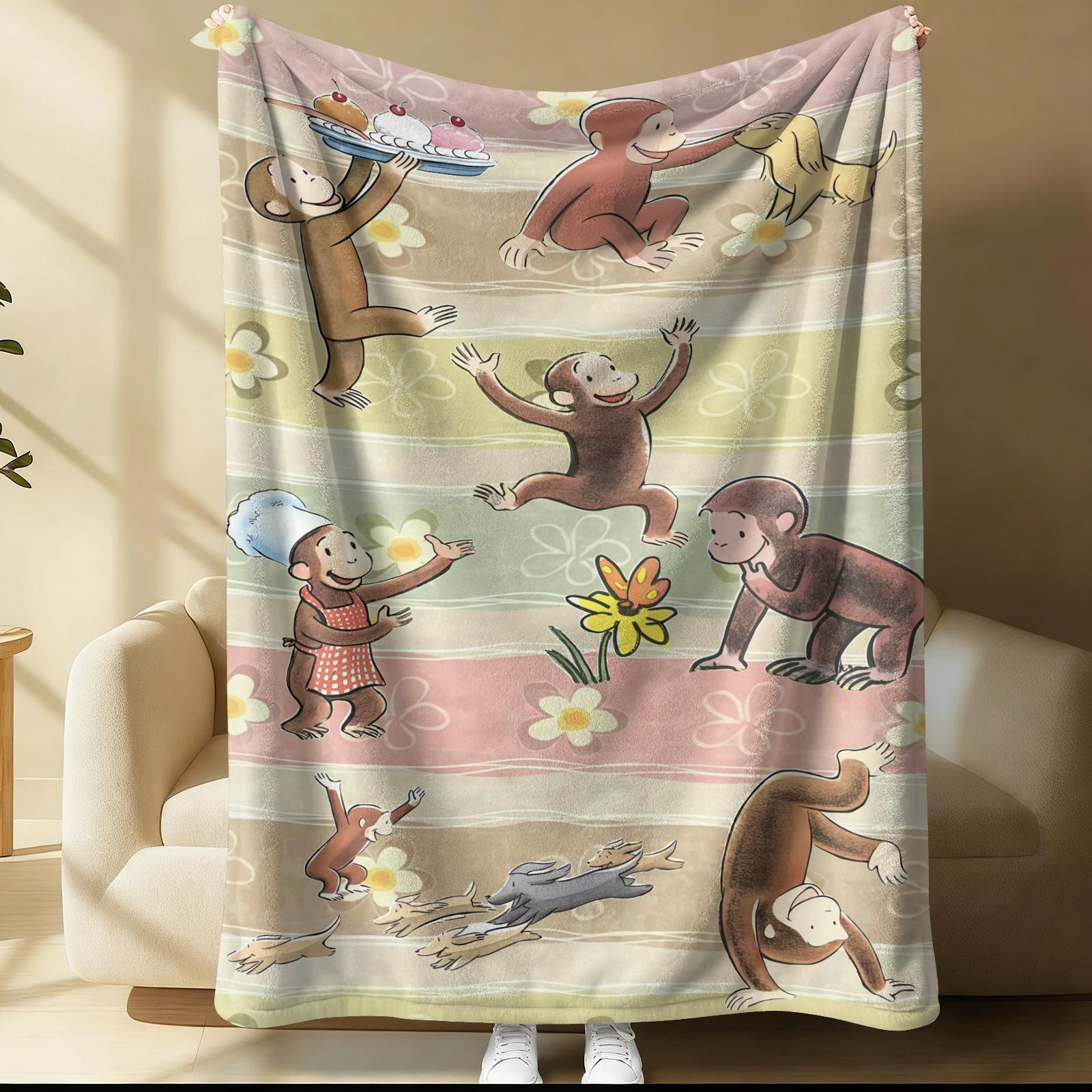 Curious George Lightweight Throw Blanket, Cute Cartoon Monkey Collage Summer Beach Nap Blanket, Soft Flannel Fleece Blanket for Office Couch Bed Travel, Ideal Gift for Curious George Fans Kids Teens Adults