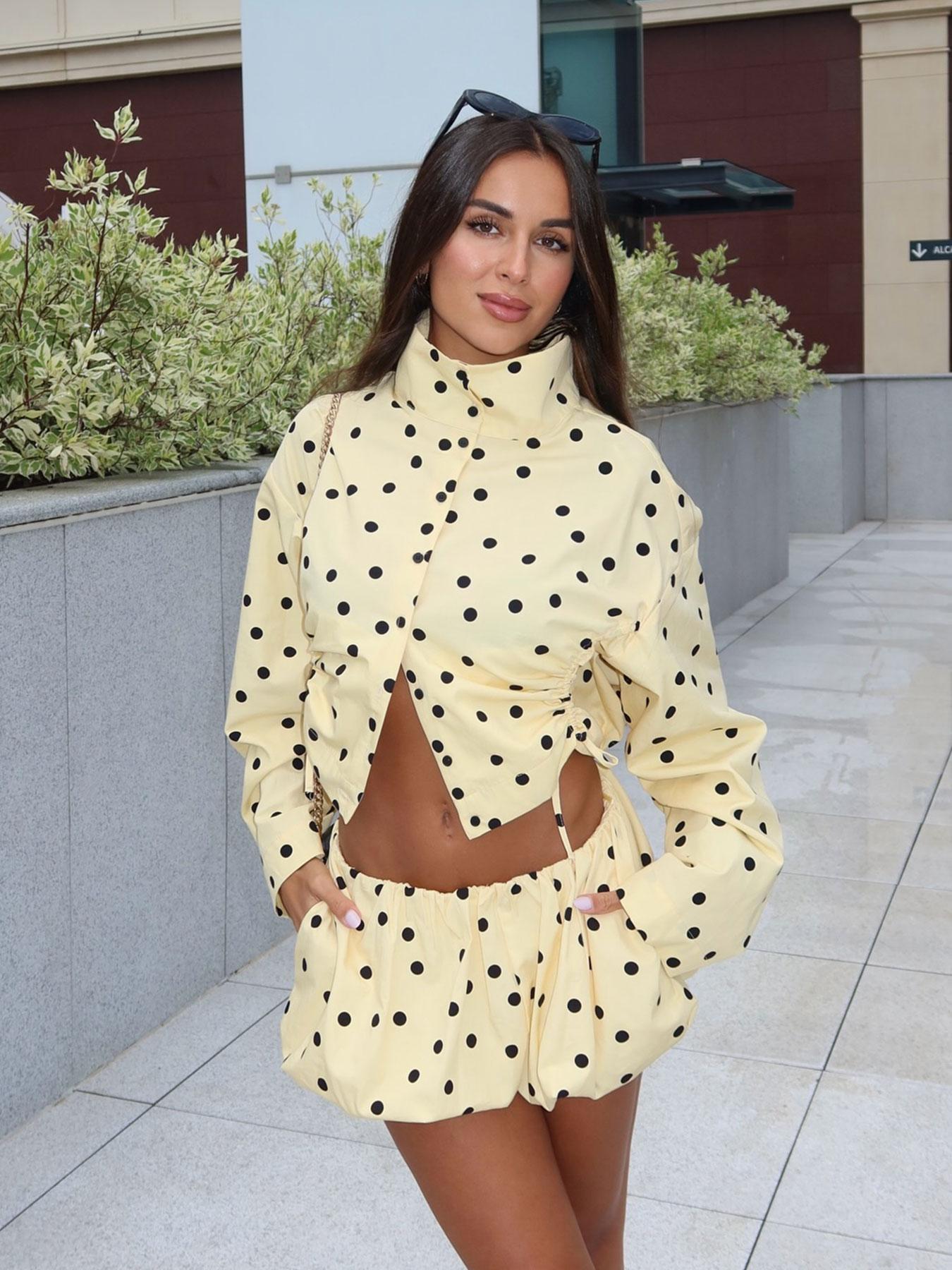 Women's Spring Summer Fashion Polka Dot Print Shorts Set, Long Sleeve Button Front Shirt Jacket, Elastic Waist Balloon Pants, Elegant Casual