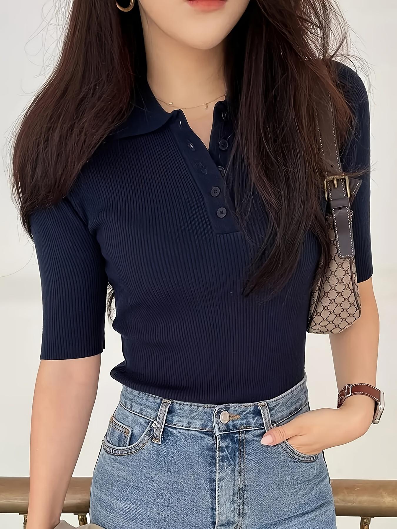 Women's High Stretch Shirt, Solid Color Short Sleeve Button Neck Top, Casual Regular Fit, All Season Essential, Daily Fashion, Spring Women's High Stretch Shirt, Solid Color Short Sleeve Button Neck Top, Casual Regular Fit, All Season Essential, Daily Fashion, Spring