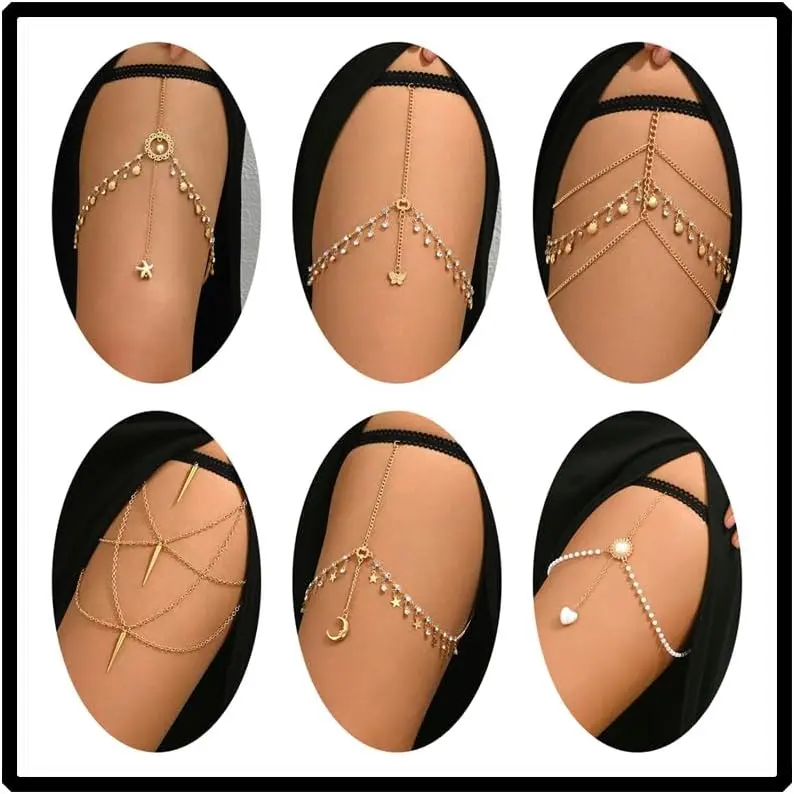 INSYOHO Leg Chain Thigh Jewelry for Women - 6pcs Gold Boho Layered Leg Accessories Thigh Bracelet Body Jewelry Bikini Accessories for Summer Beach Party