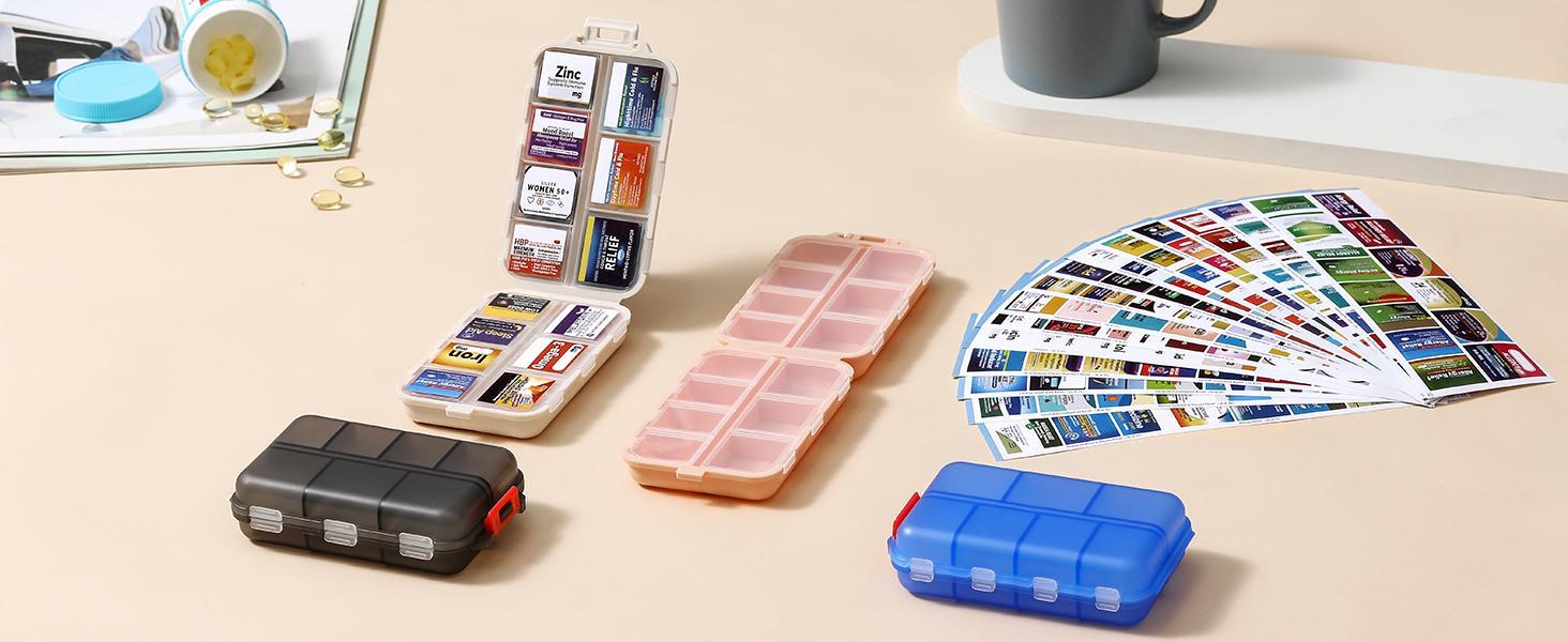 14 Grids Travel Pill Organizer Box with 415-Pcs Medicine Name Labels - Pocket Daily Pharmacy Case Container Kit - Travel Medication Holder Dispenser