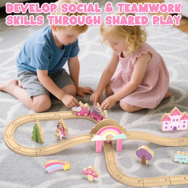 Lehoo Castle 38pcs72pcs Wooden Train Set, Train Set for kids, Wooden Train Track for Girls, Train Set with Tracks & Accessories, Unicorn Toys for Girls, Montessori Toys for Boys & Girls