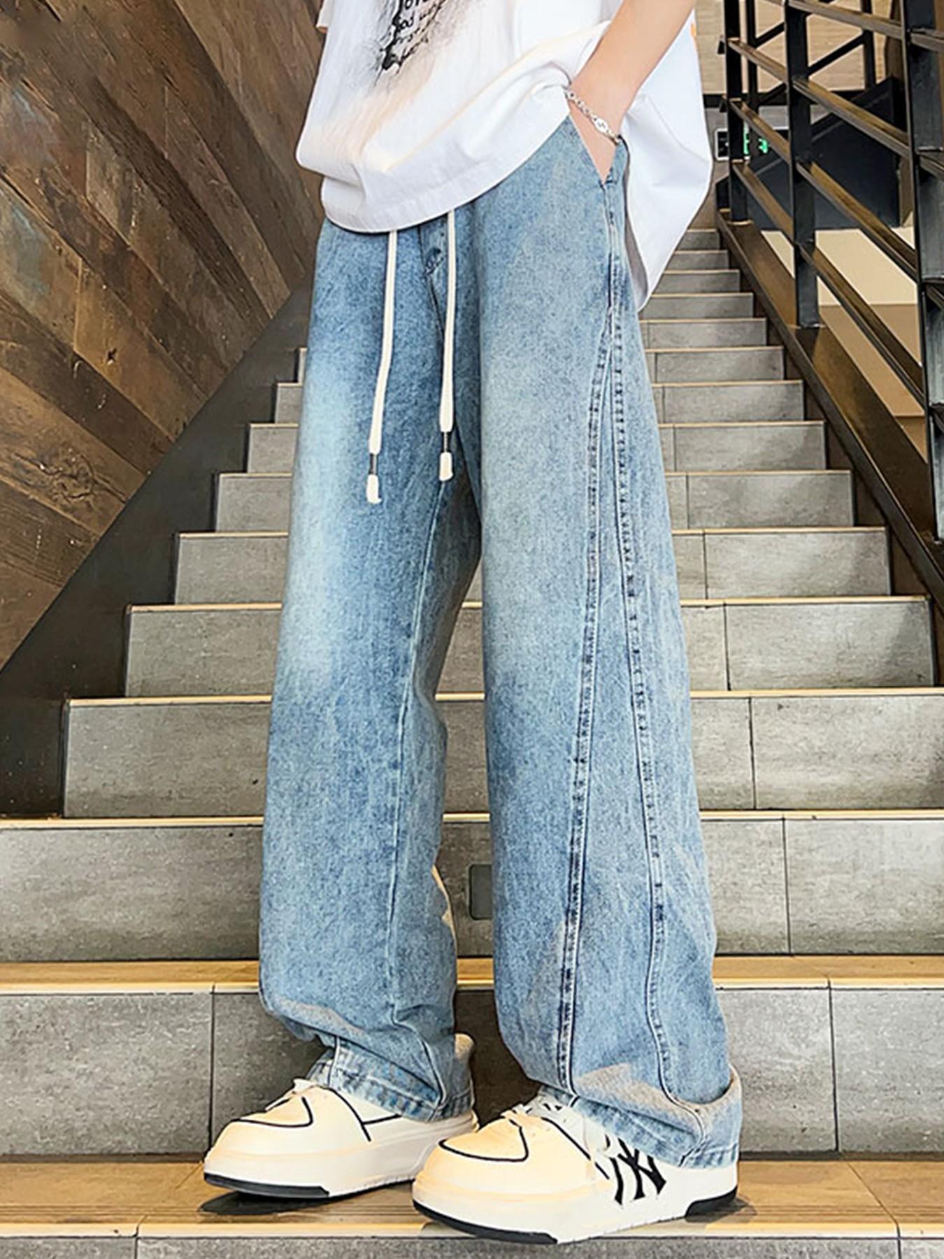 Men’s Light Blue Washed Jacquard Jeans with Drawstring Waist and Vertical Panel Seams, Baggy Wide Leg Y2K Streetwear Denim Pants