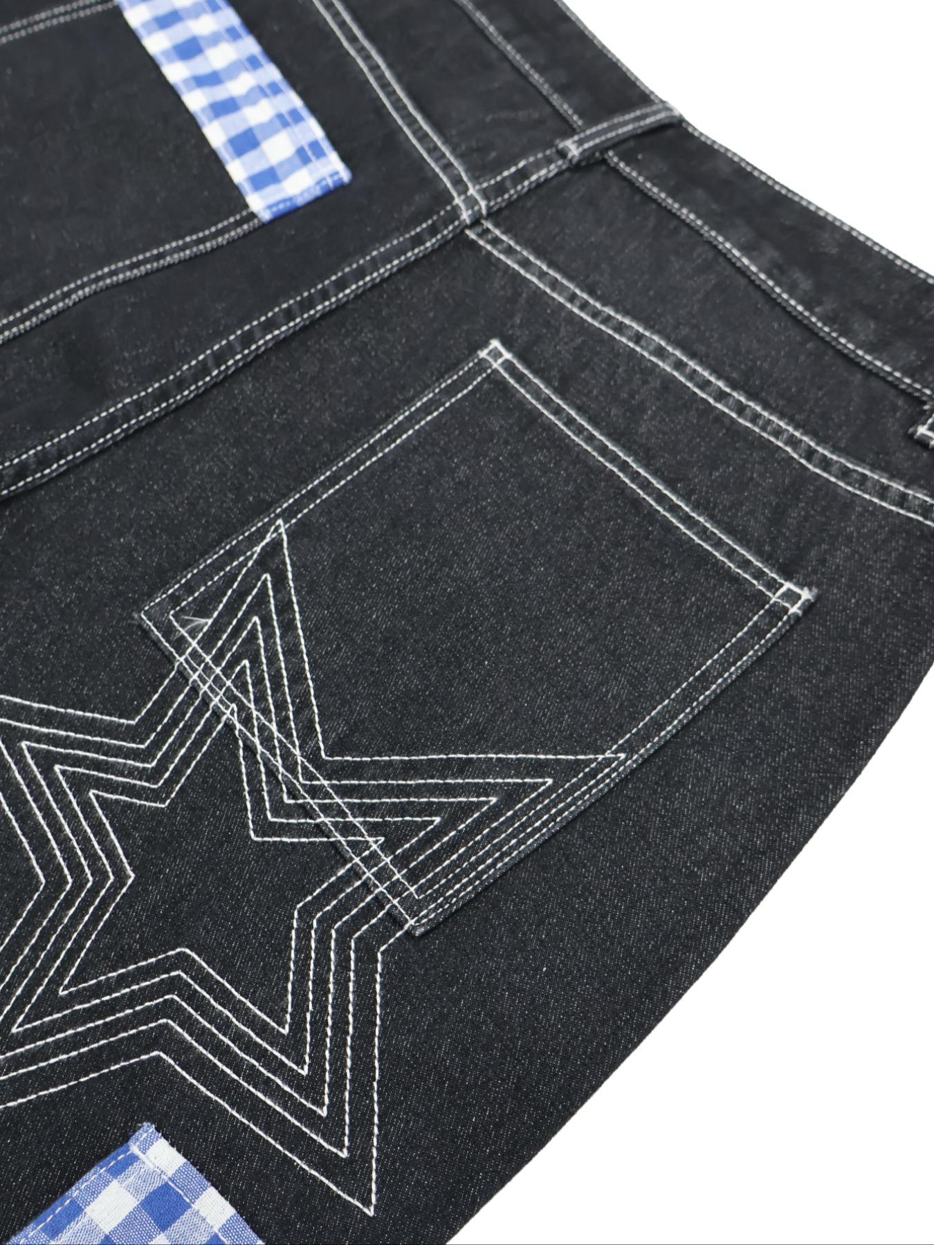 Fashion Streetwear Hip-Hop Straight Leg Embroidered Classic Work Jeans for Men, Trendy Multi-Pocket Work Denim Jeans, Casual Loose Fit