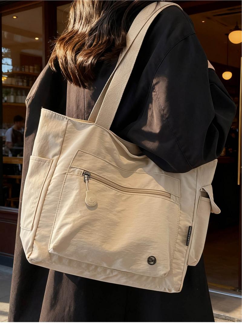 Japanese-style casual large-capacity canvas bag, student laptop bag, simple and lightweight shoulder/handbag/tote bag, zip closure. Suitable for work, school, commuting, shopping, Commuter tote bag, Canvas tote bags