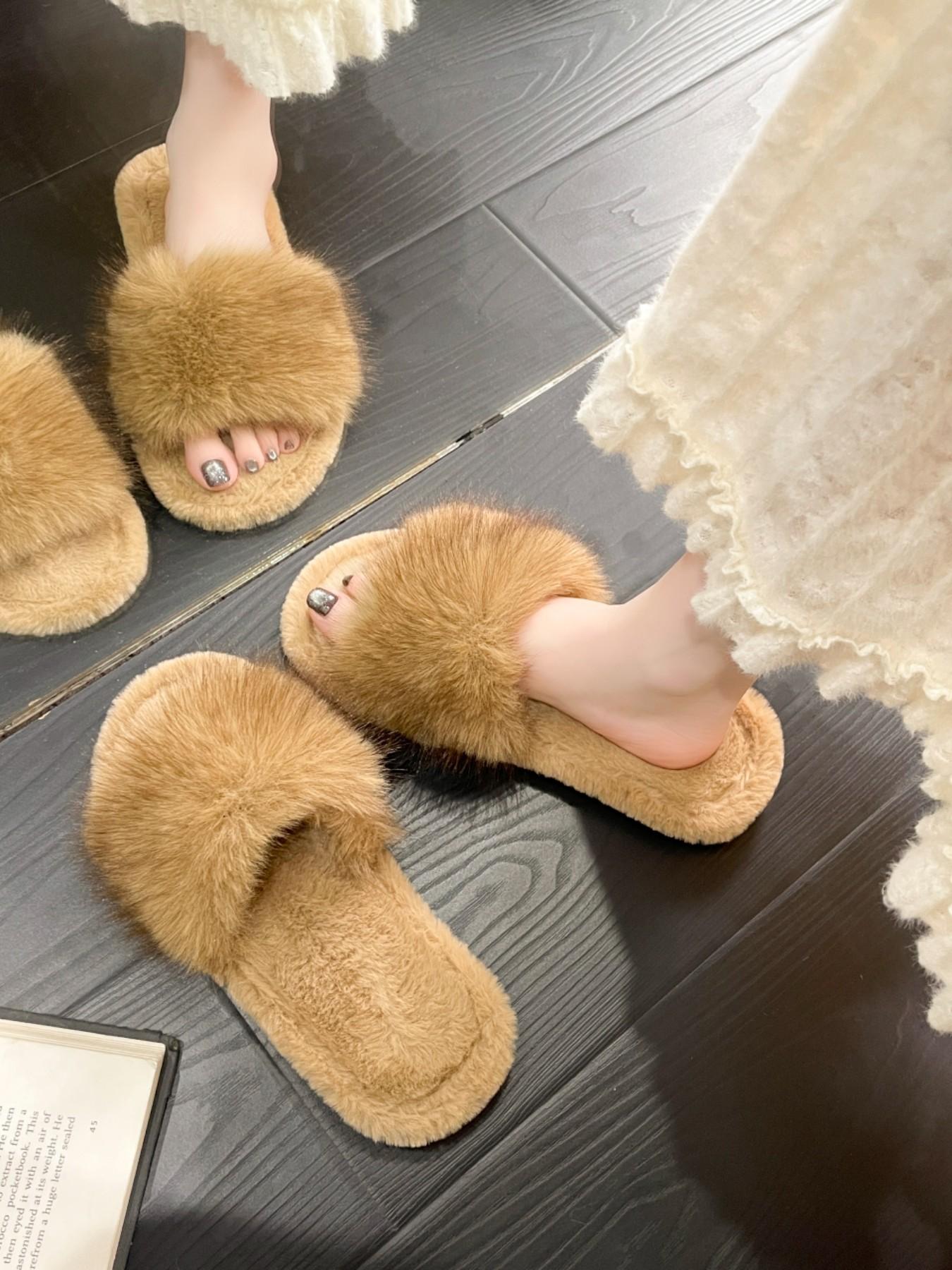 Pure Color Plush Slippers, Comfortable Soft Shoes for Women and Girls, Fashion Trendy Design, Open-Toe Wedding Shoes