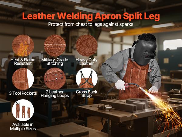 VEVOR M-Size Split Leg Adjustable Plain Cowhide Welding Apron, Heavy Duty Flame-Resistant Full Cover Safety Apron for Men, Heat-Resistant with Cross Straps, 2 Leather Hanging Loops, 3 Tool Pockets (Woodworking, Blacksmithing), Split Legs, Sleeveless