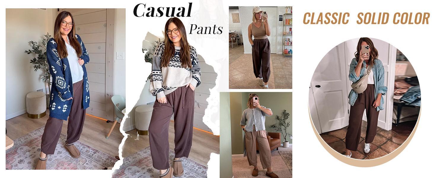 JovenPara Womens Cotton Wide Leg Sweatpants Elastic Waisted Baggy Loose Beach Palazzo Harem Pants with Pockets Womenswear  Basic Bottom Wideleg Khaki Minimalist