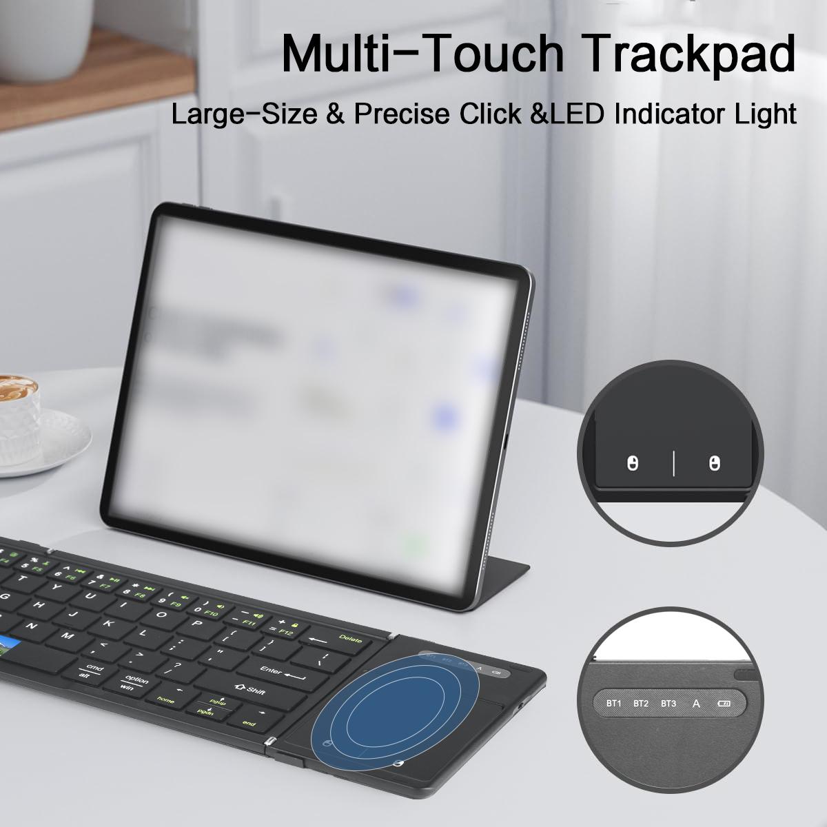 JOMAA Portable Tri-Foldable Bluetooth Keyboard with Touchpad Bluetooth Wireless Rechargable Keyboard Supports Multi-Device Keyboard for Windows/Android/iOS