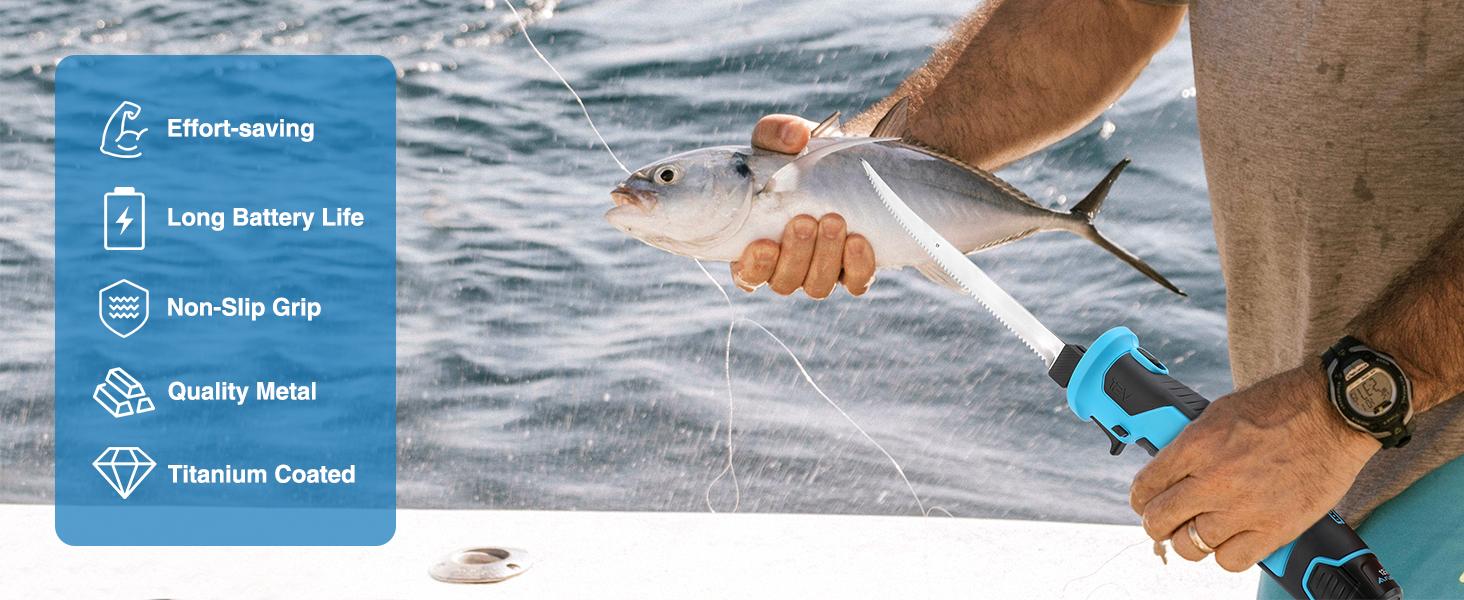 #LaborDay FLISSA Cordless Electric Fillet Knife for Fish with 8" and 10" Stainless Steel Blades, Rechargeable Electric Knife with Non-Slip Handle, 2 Packs Long Lasting Lithium-ion Battery, Portable Carry Case