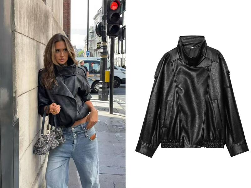 Women's Fashion Lychee-Grain PU Leather Jacket, European and American Style Biker Jackets for Autumn and Winter