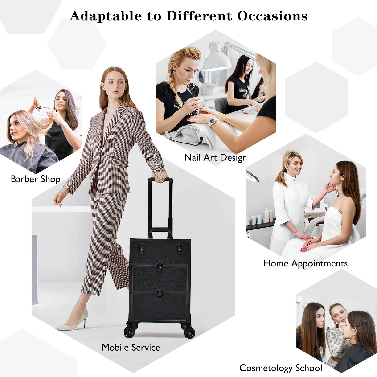 Joligrace Rolling Makeup Train Case Professional Cosmetic Trolley Nail Polish Organizer with 2 Large Drawers, Makeup Pouch for Artists Nail Technician Salon Cart Trunk Black