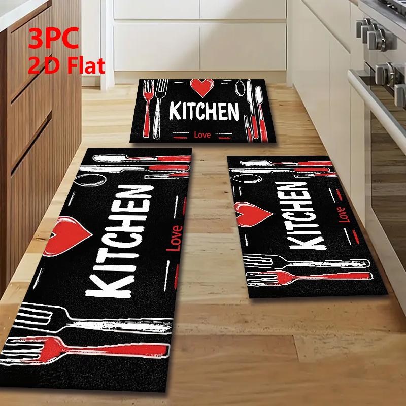 2/3pcs Flannel Kitchen Mat Set, Base Hand-Drawn Design, Non-Slip, Absorbent, Ideal for Bathroom, Laundry Room, Hallway
