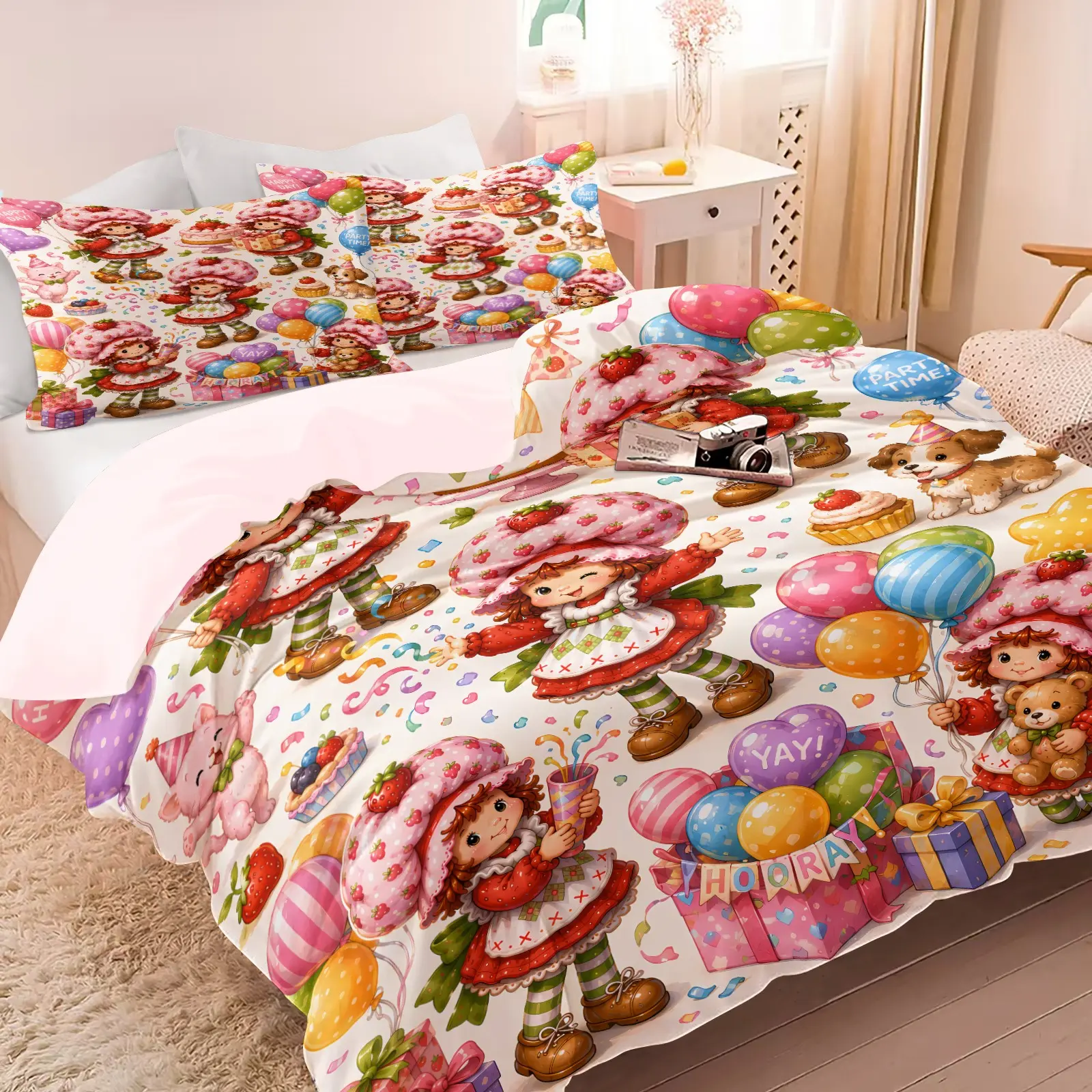 3PCS Aesthetic Kawaii Party Strawberry Girl Duvet Cover Set (1 Duvet Cover+2 Pillowcases), Vivid HD Digital Print, Ultra Soft Breathable Skin Friendly Fabric, Stretch Deep Pocket, Bedroom Decor Accessories, Ideal Birthday Gift For Girls Teens