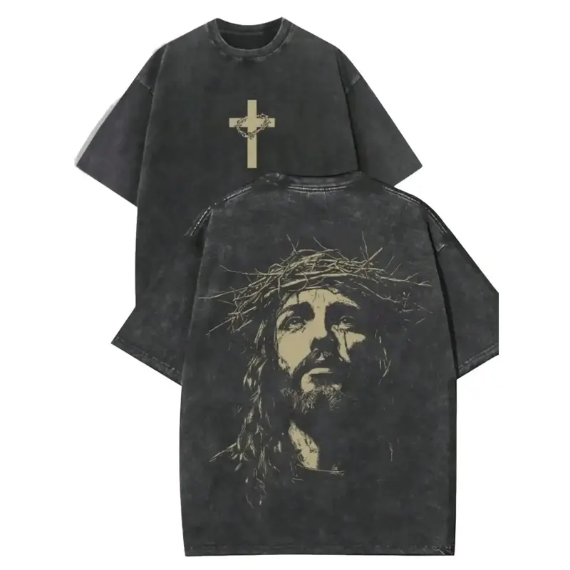 Printed 100% Cotton Unisex Men's Vintage Jesus Print Crew Neck Short Sleeve Unisex Heavyweight Cotton Oversized Acid Wash Christian Streetwear T-Shirt, Plus Size Top, Guys' Gift, Clothes, Graphic, No, Round Neck, Tops, Gifts For Boyfriend,