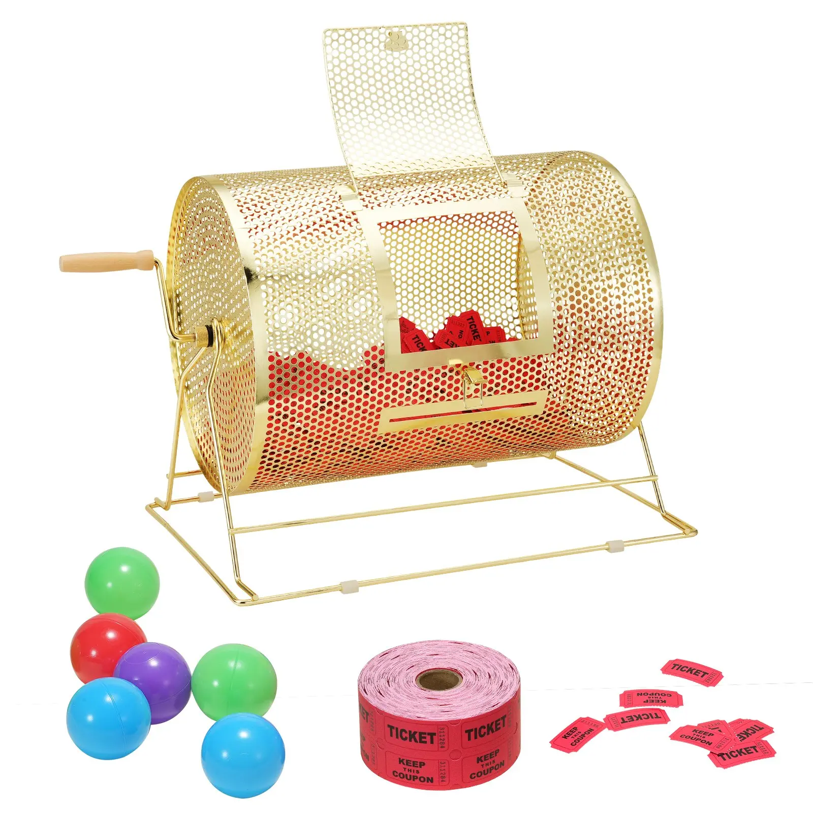 VEVOR Brass-Plated Raffle Drum, 16.1x12 in Metal Spinning Cage with Wooden Turning Handle, Holds 5000 Tickets or 200 Ping Pong Balls, Spins Tickets for Bingo Ball Events, Lottery Drawing Use