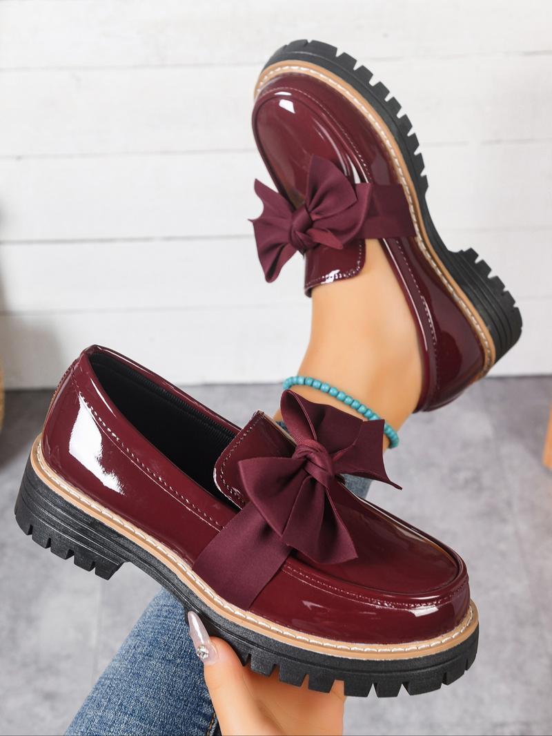 Women's Bowknot Loafers, Spring & Fall Casual PU Leather Shoes, Plain Pattern, Less Than Ankle Height, PVC Sole