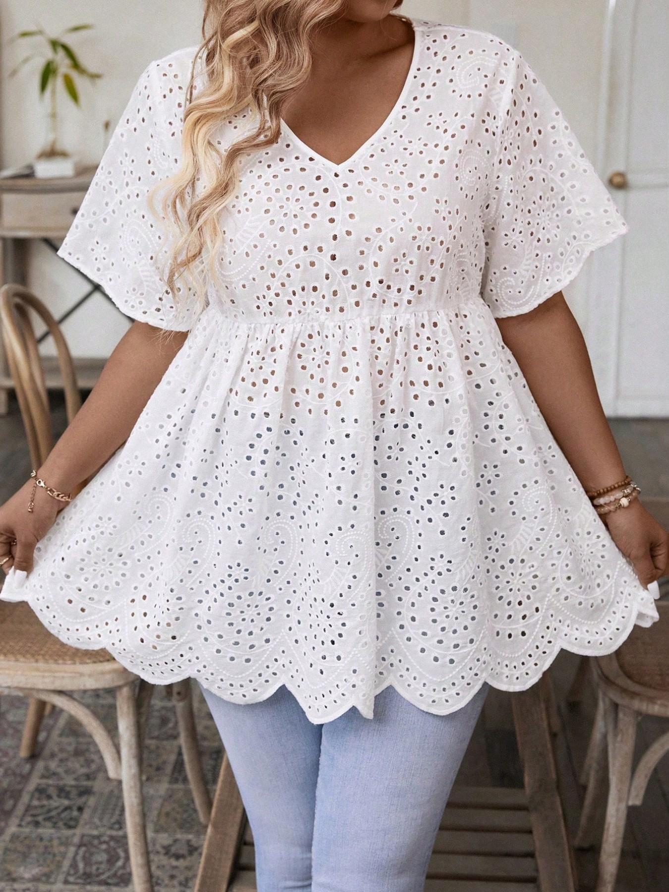 Plus Size French V Neck Embroidered Short Sleeve Top, High Waist Ruched Loose Fit, Breathable Shell Hem, Casual Babydoll Shirt