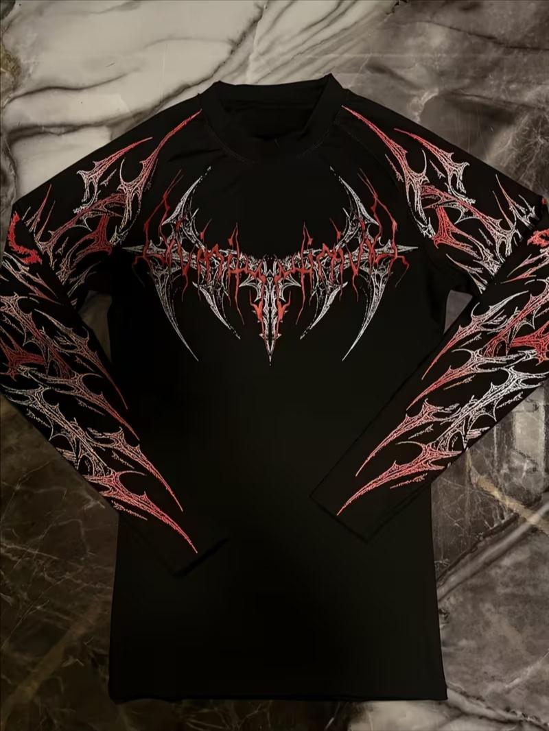 Men's Professional Sports Quick-Dry Fitness Shirt, Gothic Print Long Sleeve, High Elasticity, Round Neck, Moisture-Wicking, Running, Training, Daily Wear, Athletic Top