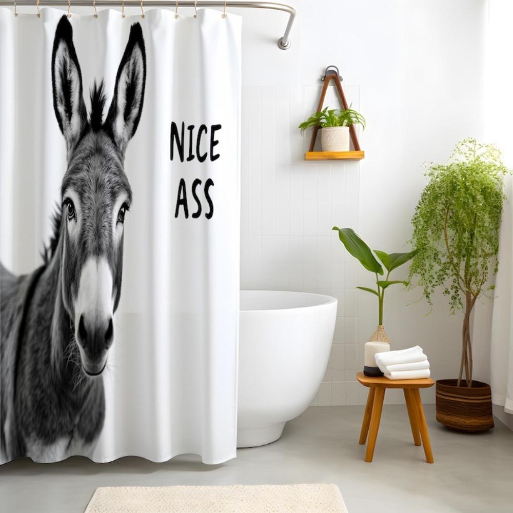Funny Donkey Shower Curtain, Nice Ass Text Hilarious Farmhouse Fabric Bath Decor with Hooks, Gag Gift for Him or Her