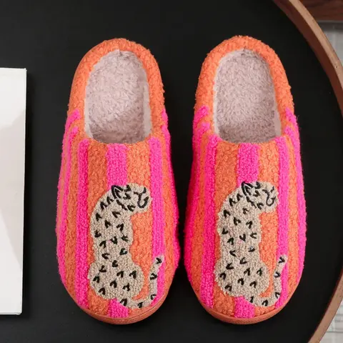 【Black Friday】Retro Orange Pink Striped Leopard Embroidered Fuzzy Women's Closed-Toe Slippers, Soft Fluffy-Lined Warm Winter House Slides, Cozy Indoor Bedroom Plush Slippers with Anti-Slip Quiet Soles, Cute Home Shoes, Holiday Gift for Girls & Ladies
