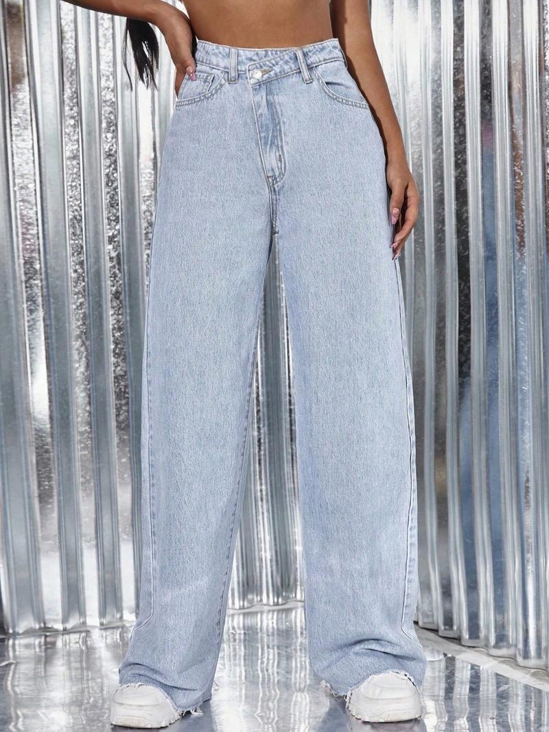 Women's Vintage Denim Jeans, Diagonal Button Design, Ultra-Long Straight Wide Leg, Casual Style, All Seasons Daily Wear