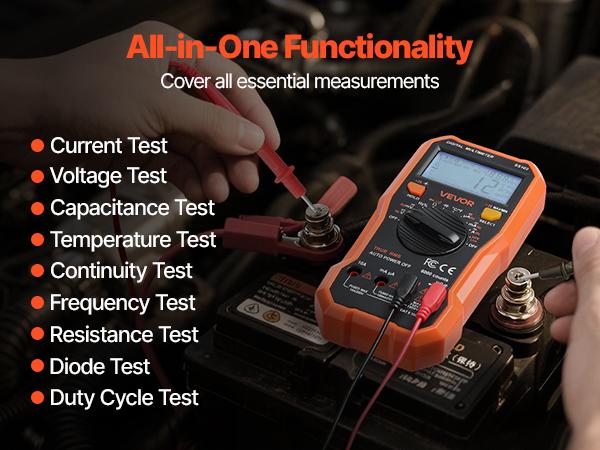 VEVOR Digital Multimeter, 6000-Count TRMS DC/AC Voltmeter Current Tester, Professional NCV Multimeter for Current Voltage Resistance Capacitance Duty-Cycle Tempetature Diodes Continuity Live Wire Test