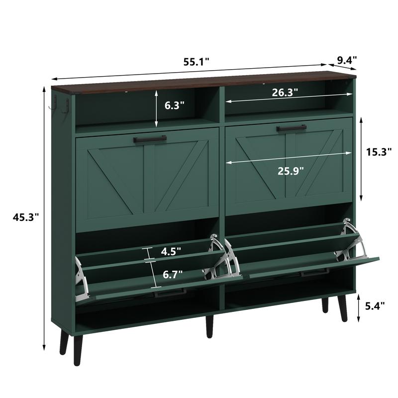 PieDle Furniture Shoe Storage Cabinet,Farmhouse Shoe Organizer with 2-4 Flip Drawers & Barn Door Design,Freestanding Hidden Slim Narrow Shoe Rack Cabinet with Open Storage for Entryway, Foyer,Hallway