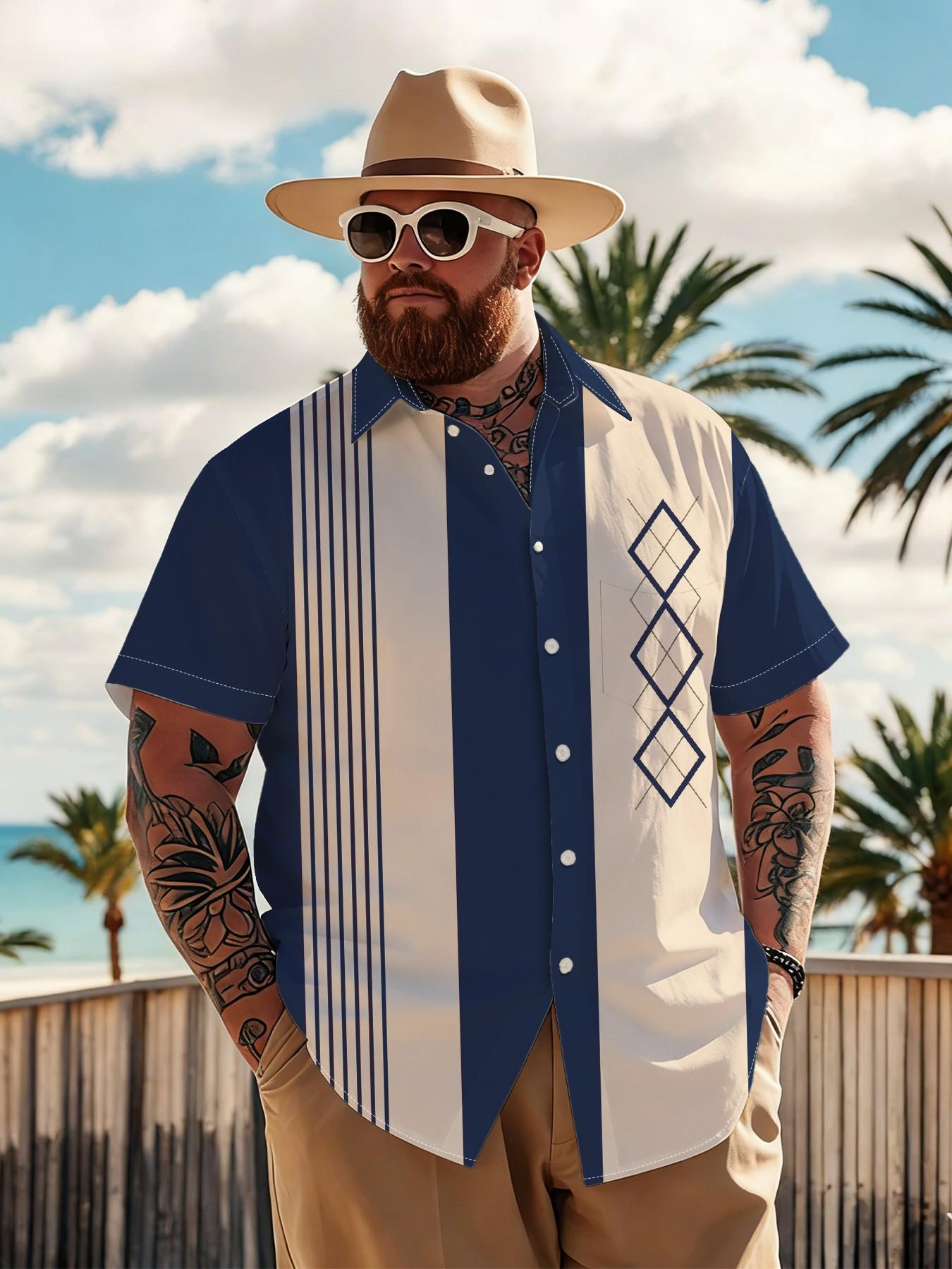 Large Size Men's Blue Block Plaid Striped Shirt, Summer Loose Fit Breathable Short Sleeve Shirt, Plus Size American Vintage Casual Top
