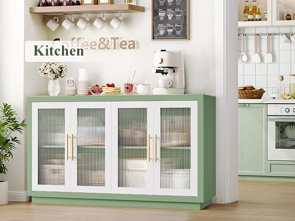 FOTOSOK Buffet Cabinet with Storage, 55.1" Large Sideboard with 4 Glass Doors, Kitchen Cabinet Buffet Table, Wood Coffee Bar Display Cabinet