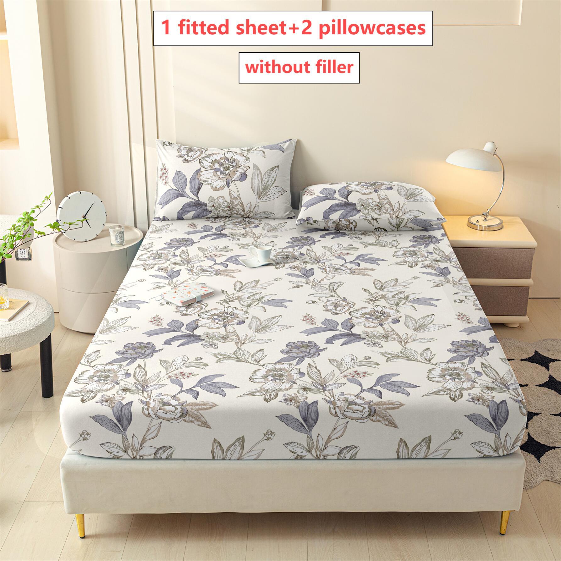 Floral Pattern Bedding Set, 3 Counts/set Including 1 Count Fitted Sheet & 2 Counts Pillowcase without Filler, Soft Comfortable Bedding Set for Bedroom, Decorative Bedsheet Sets