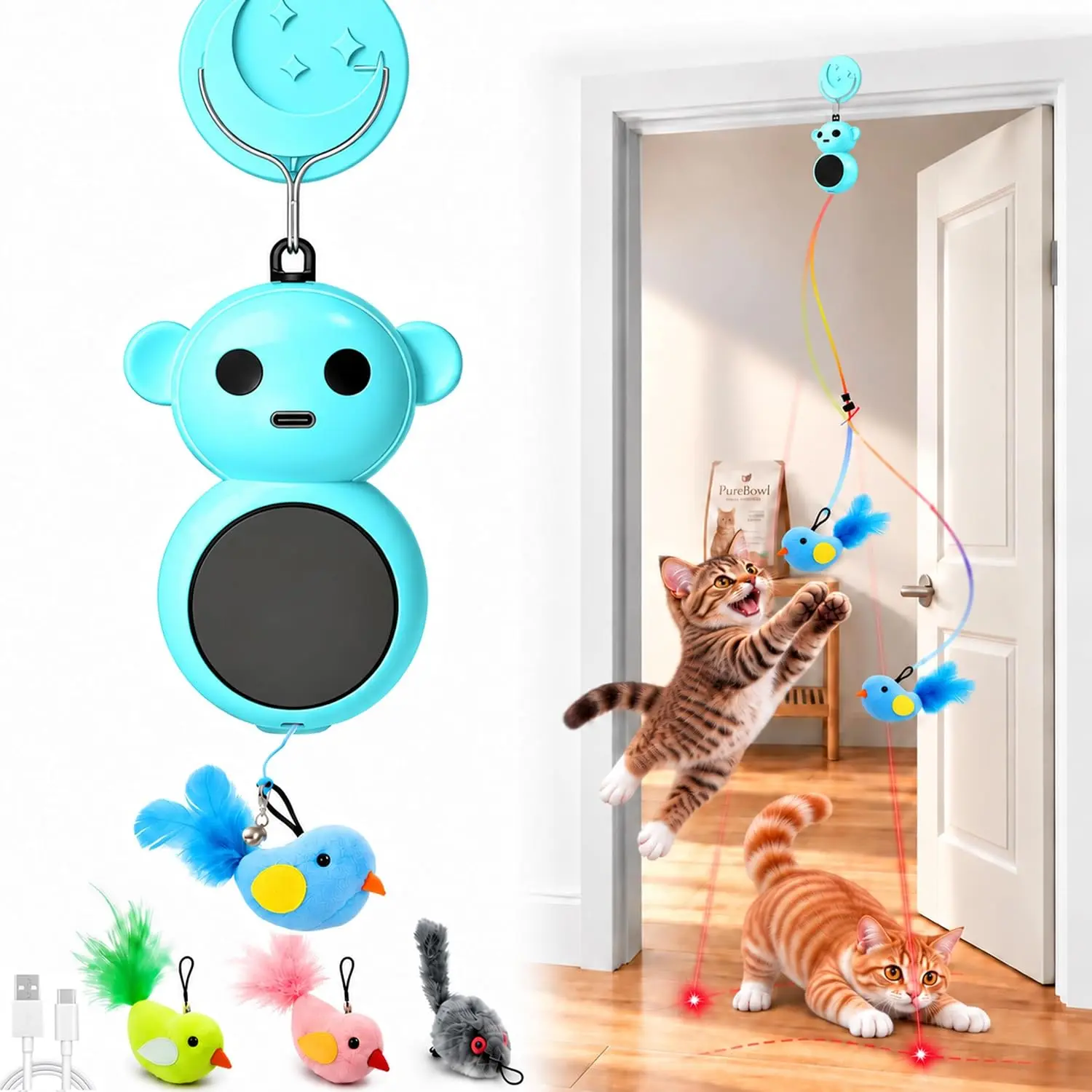 2-in-1 Interactive Laser Pointer Cat Toy & Flying Bird Wand for Indoor Cats