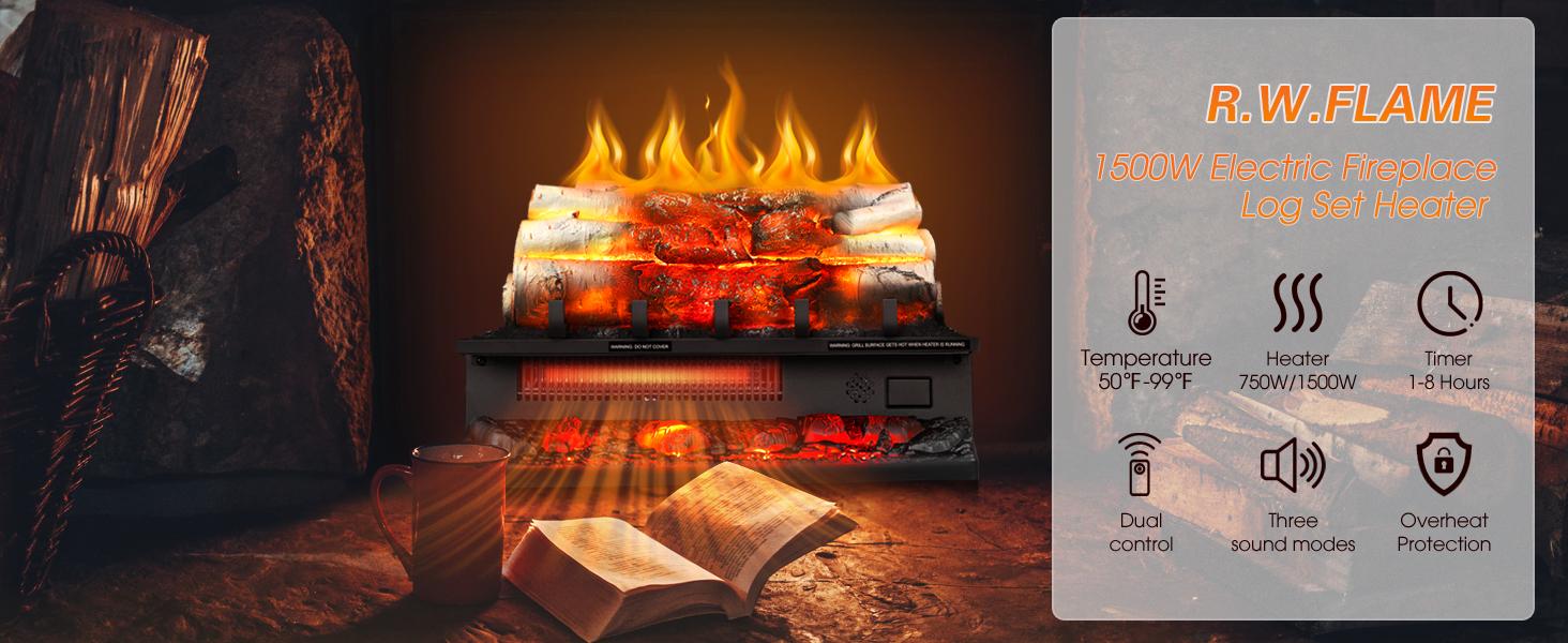 R.W.FLAME Electric Fireplace Log Heater,20" Fireplace Inserts with Crackling Sound,5 Flame Brightness,Heater 750W/1500W,Remote Control&Timer,Overheating Protection for Home and Office Decor