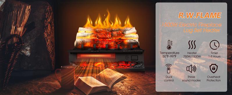 R.W.FLAME Electric Fireplace Log Heater,20" Fireplace Inserts with Crackling Sound,5 Flame Brightness,Heater 750W/1500W,Remote Control&Timer,Overheating Protection for Home and Office Decor