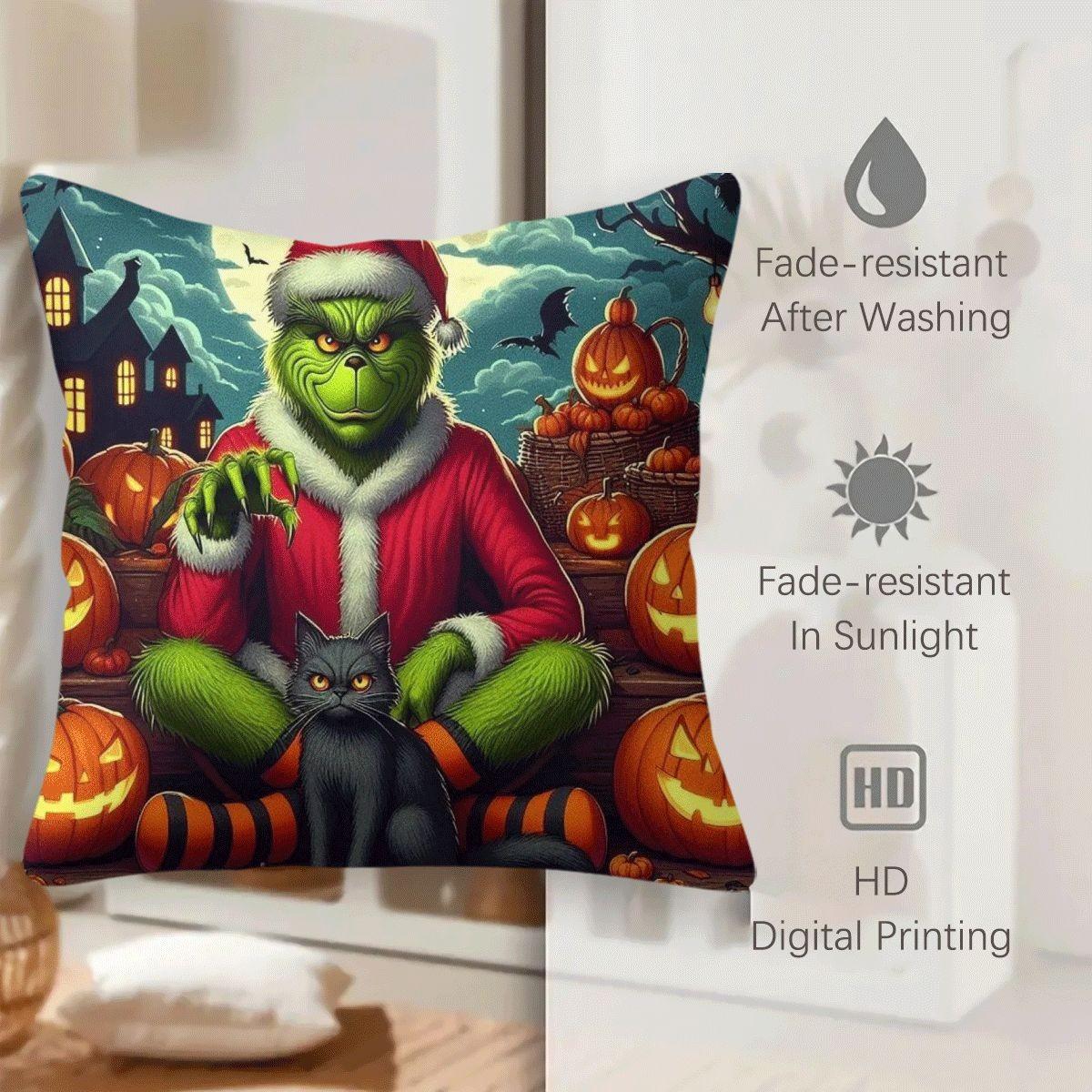 45x45cm 1Pc, Grinch Themed Halloween Christmas Cushion Pillow, spooky jack-o'-lantern bat print, soft durable cozy, perfect for sofa, bed, living room bedroom decor, ideal small holiday home gift, includes pillow filling