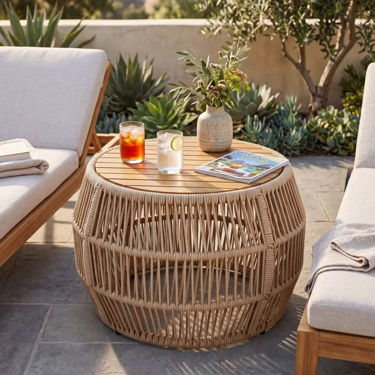 Bellemave Round Tropical Barrel-Shaped Accent Side Table - 17.52" Tall, Handwoven Rope-Steel Base Frame, Acacia Wood Teak Finish Top, 150lbs Load, Weather-Resistant, No Assembly Ready-to-Use, for Patio Living Room