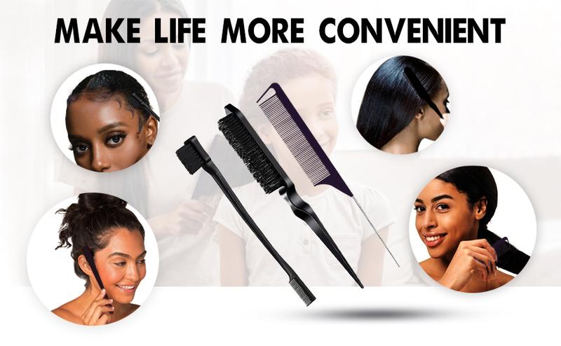 3 Count Comb Set for Teasing Edge and Back Brushing Rat Tail and Edge Combs Hair Stick for Styling Women's Haircare Smooth Heatless (Black)