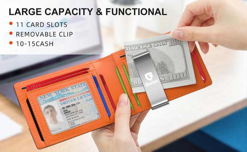 GSOIAX Mens Slim Wallet with Money Clip,RFID Blocking Minimalist Genuine Leather Carbon Fiber Wallet, 11 Card Slots Bifold Credit Card Holder With Gift Box